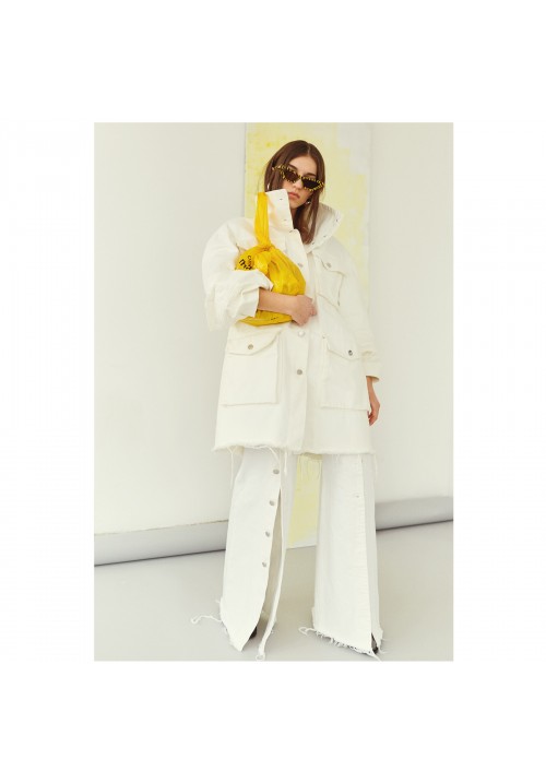 White denim flared pants with frontal metallic buttons White denim flared pants with frontal metallic buttons
