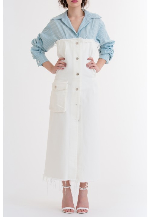 White denim and striped blue cotton dress White denim and striped blue cotton dress