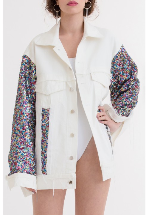 White denim jacket with multicolored sequins White denim jacket with multicolored sequins
