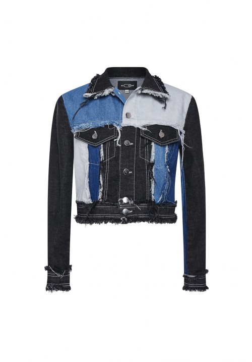 Black/blue recycled denim patchwork cropped jacket Black/blue recycled denim patchwork cropped jacket