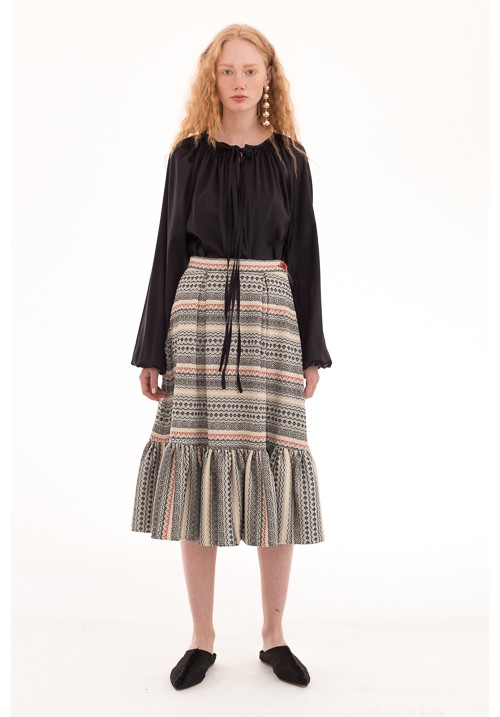 Pattern fabric midi skirt with ruffle Pattern fabric midi skirt with ruffle