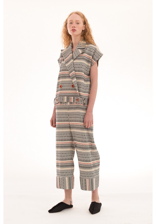Pattern fabric double breasted jumpsuit Pattern fabric double breasted jumpsuit