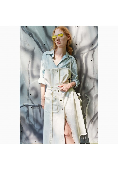 White denim and striped blue cotton dress White denim and striped blue cotton dress