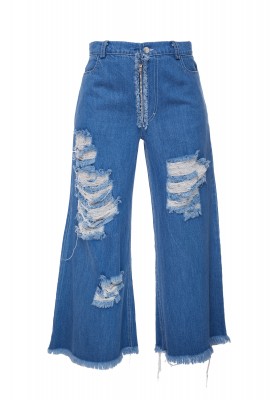 3/4 blue denim frayed pants