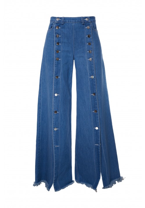 Blue denim flared pants with frontal metallic buttons Blue denim flared pants with frontal metallic buttons