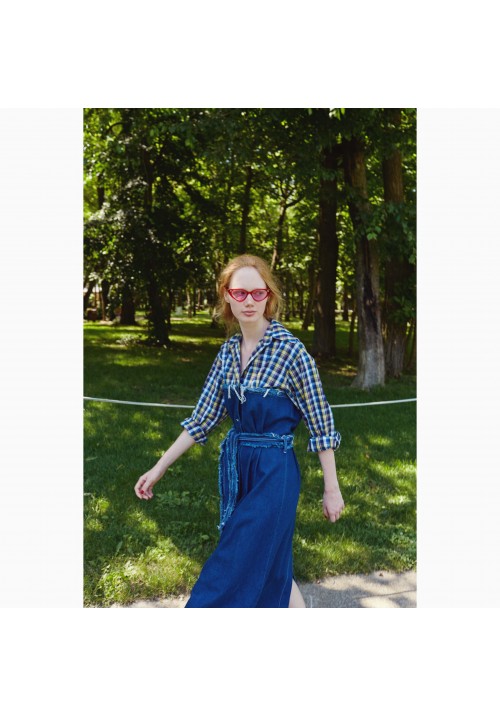 Blue denim and plaid cotton shirt dress Blue denim and plaid cotton shirt dress