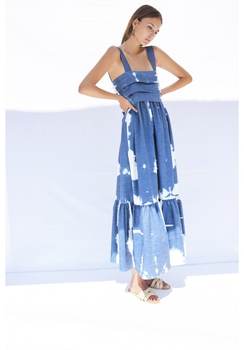 Hand bleached light organic cotton blue denim dress with straps Hand bleached light organic cotton blue denim dress with straps