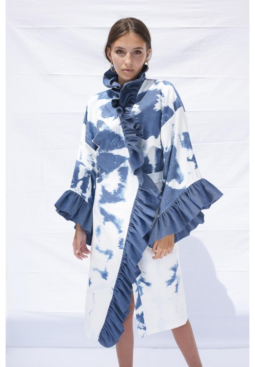 Hand bleached light organic cotton blue denim ruffles dress Hand bleached light organic cotton blue denim ruffles dress