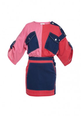 Denim recycle "patch-mix" mini dress in pink/cyclam/navy