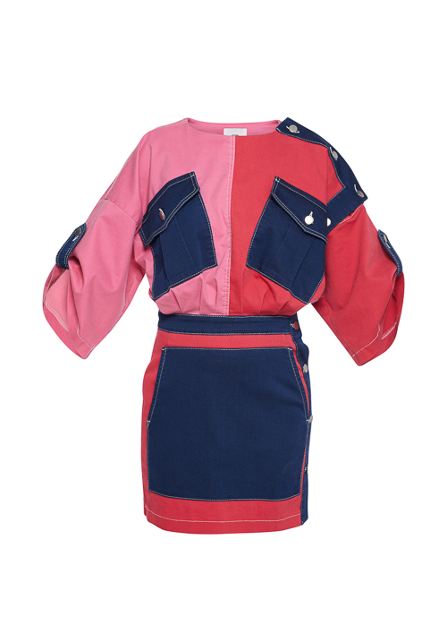 Denim recycle "patch-mix" mini dress in pink/cyclam/navy