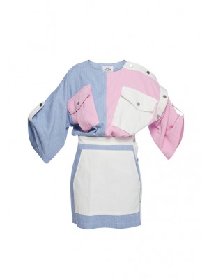 Denim recycle "patch-mix" mini dress in pink/bleu/white