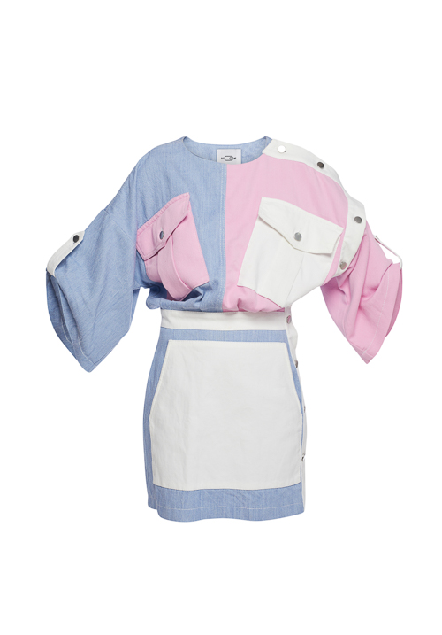 Denim recycle "patch-mix" mini dress in pink/bleu/white