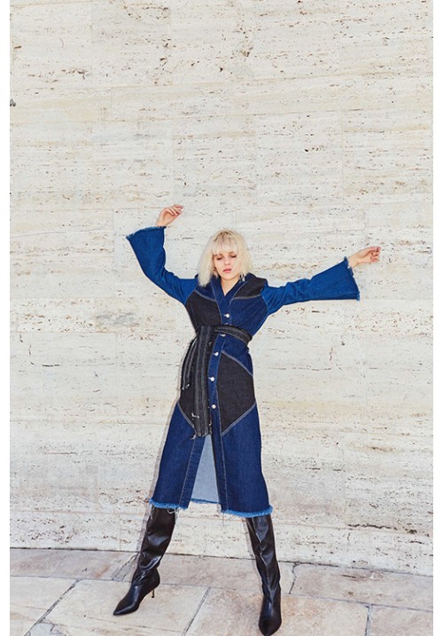 Black/blue recycled denim patchwork midi kimono dress Black/blue recycled denim patchwork midi kimono dress
