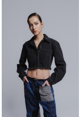 Cropped cotton denim jacket in black