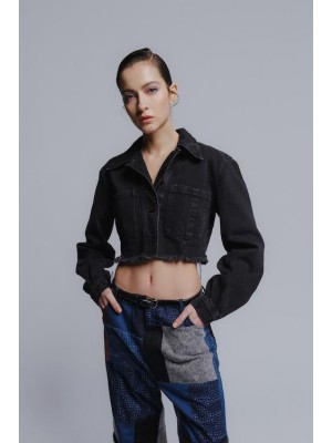 Cropped cotton denim jacket in black