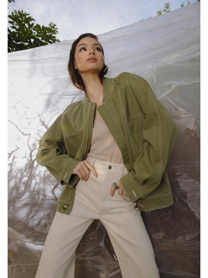 Khaki green cotton denim bomber jacket