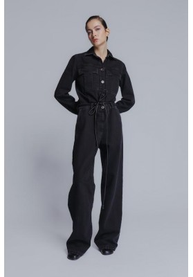 Classic long sleeved cotton denim jumpsuit in black