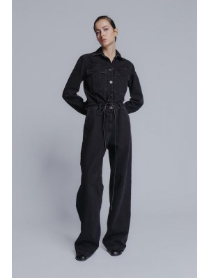 Classic long sleeved cotton denim jumpsuit in black