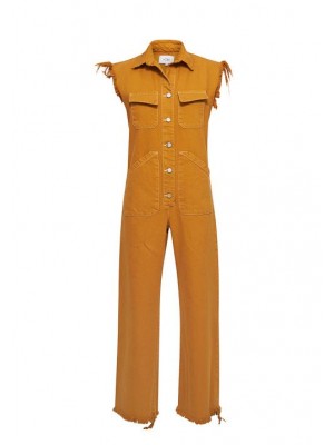 Long camel cotton denim jumpsuit with buttons