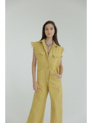 Long yellow cotton denim jumpsuit with buttons