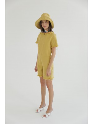 Short yellow cotton denim bare back jumpsuit