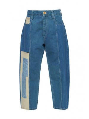The "patch-mix" barrel leg iconic recycled denim pants