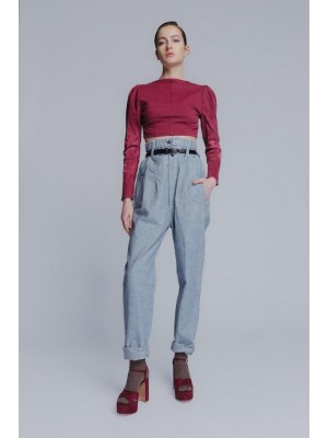 Double waist cotton denim pants in striped blue