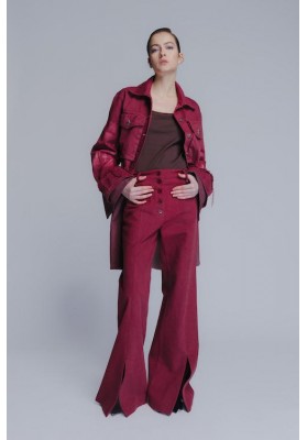 Flared hight waisted cotton denim pants in dark cherry red