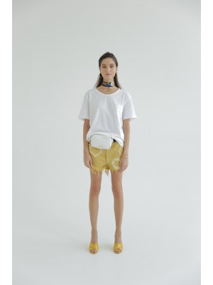 Yellow cotton denim short pants with white pattern