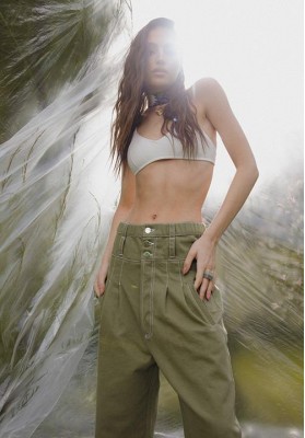 High-waisted khaki green denim pants