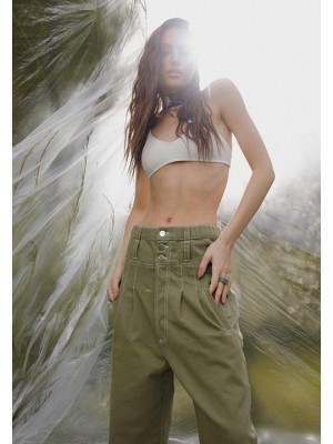 High-waisted khaki green denim pants