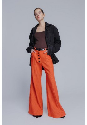 Flared hight waisted cotton denim pants in striped orange