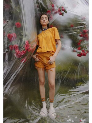 Camel cotton denim short pants