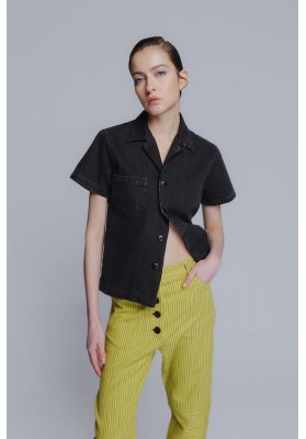 Classic short sleeves black cotton denim shirt