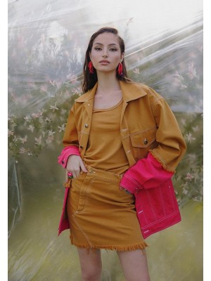 Camel cotton denim mini skirt