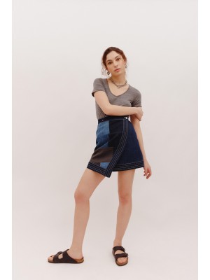 Reversible patchwork mix denim skirt in brown/blue/grey
