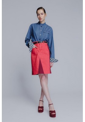 The "patch-mix" recycled mini denim skirt in red