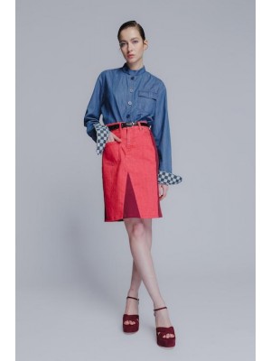 The "patch-mix" recycled mini denim skirt in red