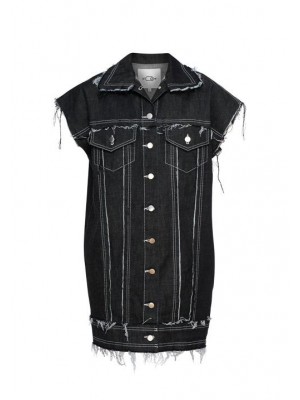 Black long denim vest