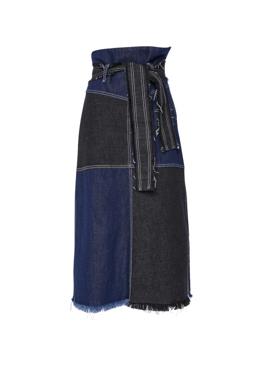 Black/blue recycled denim patchwork midi skirt