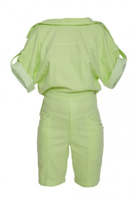 The front-back denim jumpsuit dyed in neon green (short version)