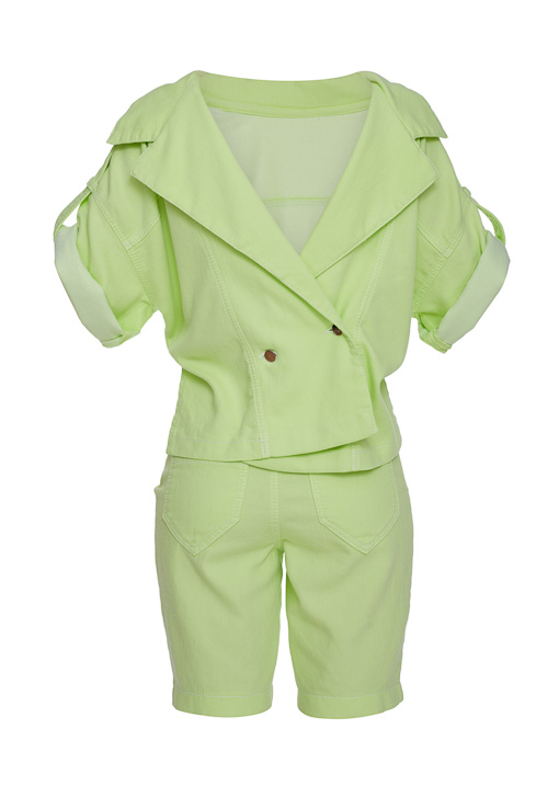 The front-back denim jumpsuit dyed in neon green (short version)
