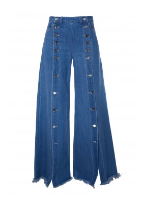 Blue denim flared pants with frontal metallic buttons