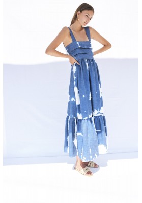 Hand bleached light organic cotton blue denim dress with straps