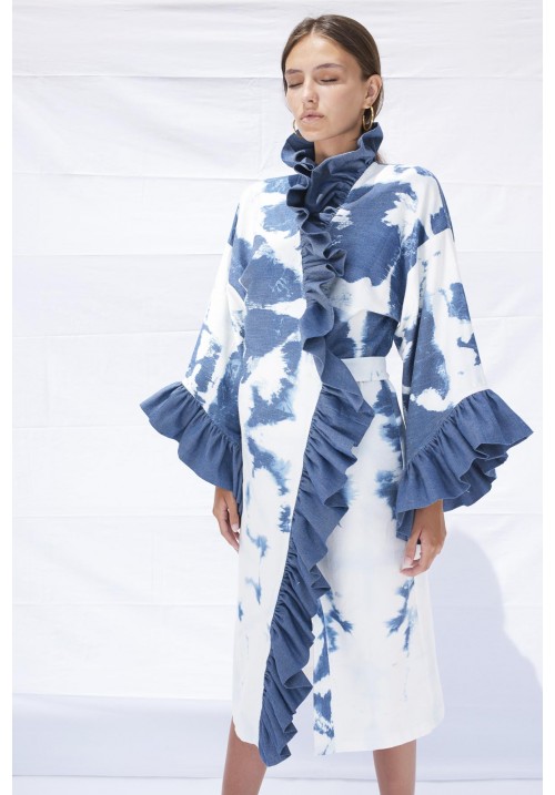 Hand bleached light organic cotton blue denim ruffles dress
