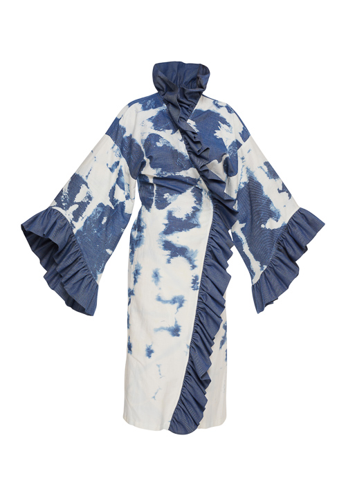Hand bleached light organic cotton blue denim ruffles dress