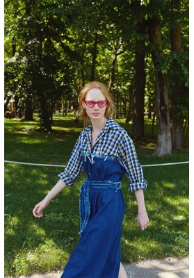 Blue denim and plaid cotton shirt dress